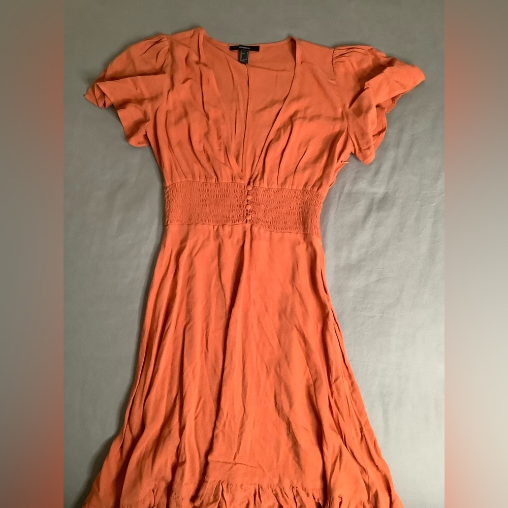 Low Cut A-Line Ruffle Drop Waist Dress w/ Button Detail, in rust, like new!